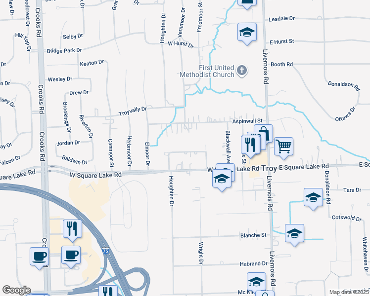 map of restaurants, bars, coffee shops, grocery stores, and more near 368 Belle Meade Road in Troy