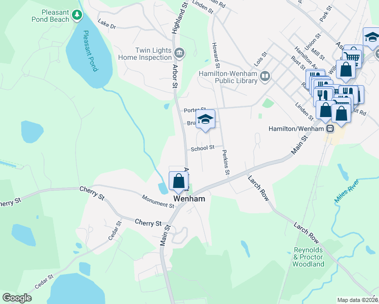 map of restaurants, bars, coffee shops, grocery stores, and more near 26 Arbor Street in Wenham
