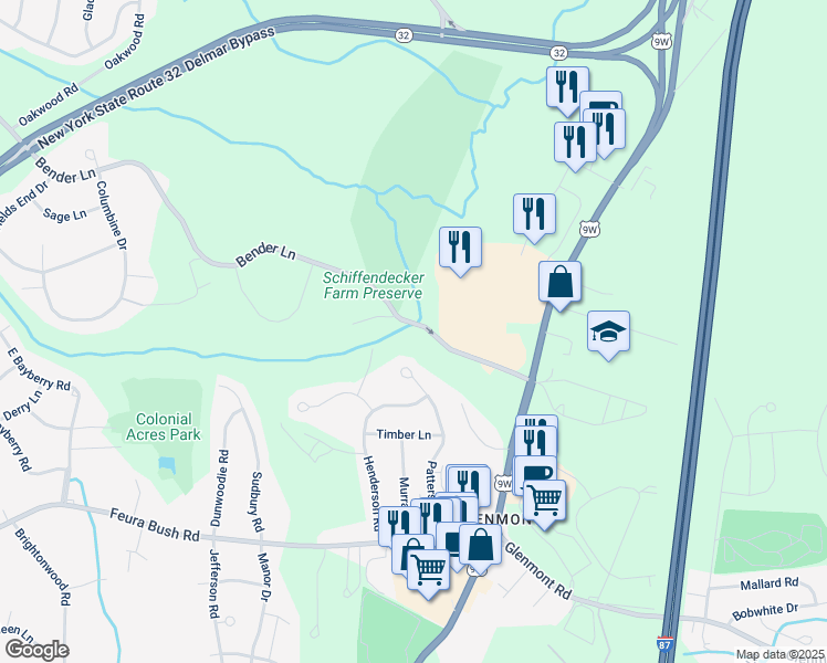 map of restaurants, bars, coffee shops, grocery stores, and more near 340 Bender Lane in Albany County