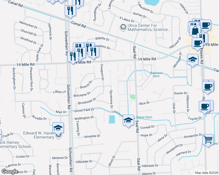 map of restaurants, bars, coffee shops, grocery stores, and more near 42541 Sycamore Drive in Sterling Heights