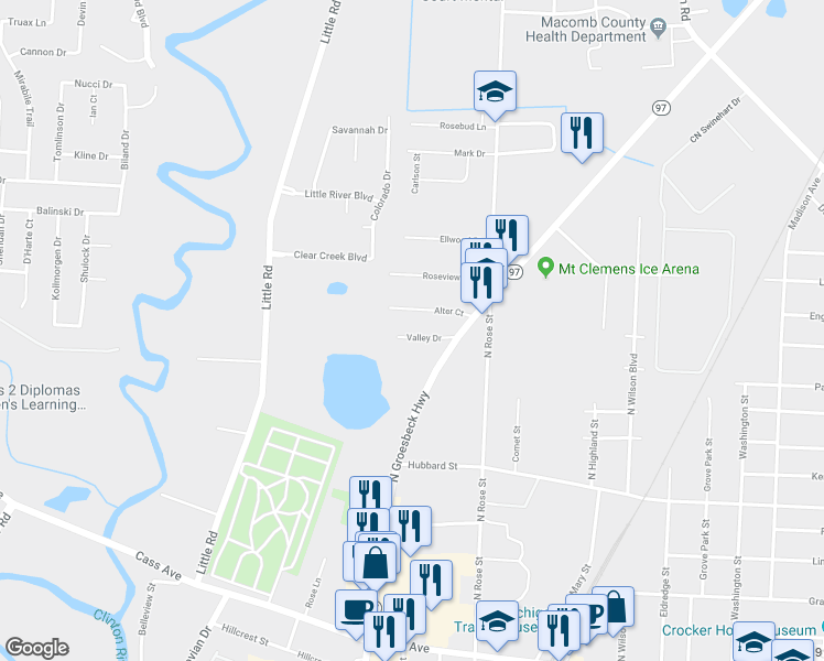 map of restaurants, bars, coffee shops, grocery stores, and more near 28 Valley Drive in Mount Clemens