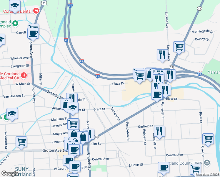map of restaurants, bars, coffee shops, grocery stores, and more near 4 Riverview Avenue in Cortland