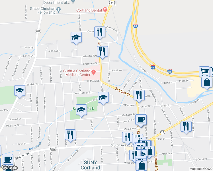 map of restaurants, bars, coffee shops, grocery stores, and more near 128 North Main Street in Cortland