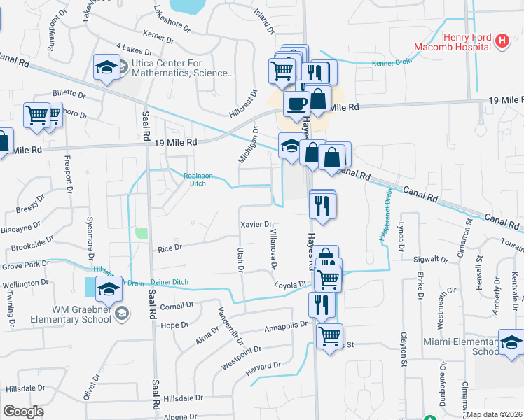 map of restaurants, bars, coffee shops, grocery stores, and more near 14967 Xavier Drive in Sterling Heights