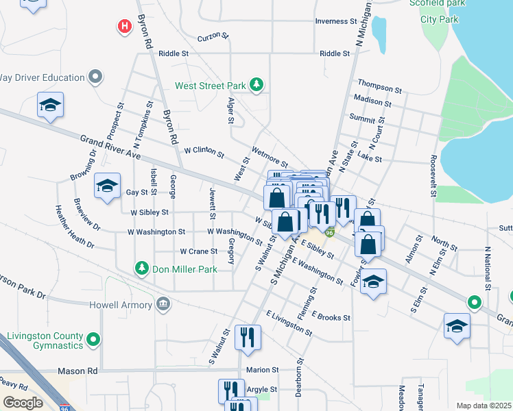map of restaurants, bars, coffee shops, grocery stores, and more near 323 West Grand River Avenue in Howell