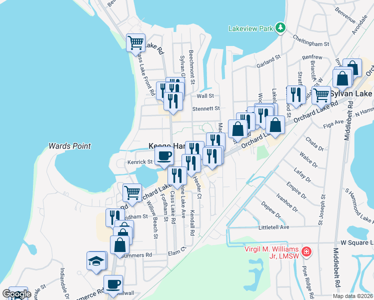 map of restaurants, bars, coffee shops, grocery stores, and more near 2111 Cass Lake Road in Keego Harbor