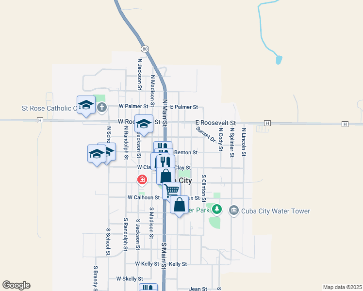 map of restaurants, bars, coffee shops, grocery stores, and more near 213 Benton Street in Cuba City