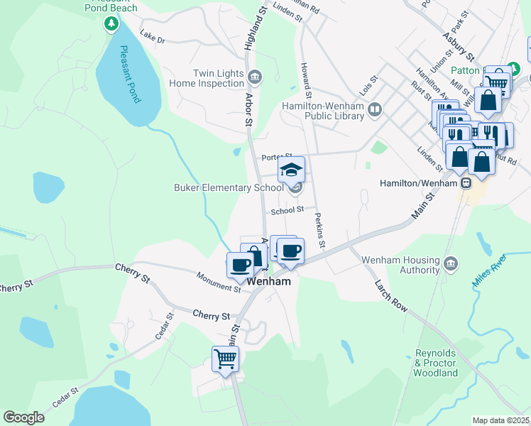 map of restaurants, bars, coffee shops, grocery stores, and more near 1 School Street in Wenham