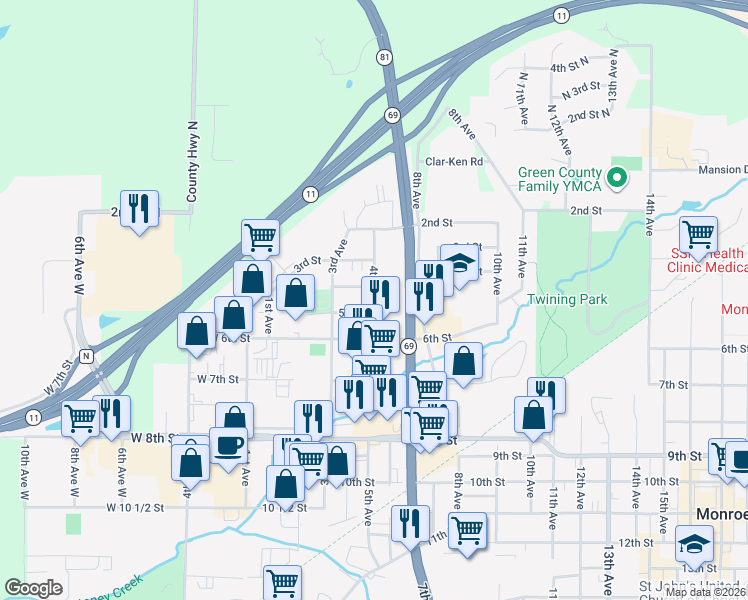 map of restaurants, bars, coffee shops, grocery stores, and more near 505 4th Avenue in Monroe