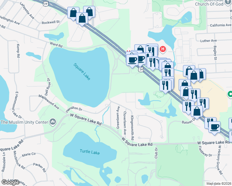 map of restaurants, bars, coffee shops, grocery stores, and more near 2173 Klingensmith Road in Bloomfield Township