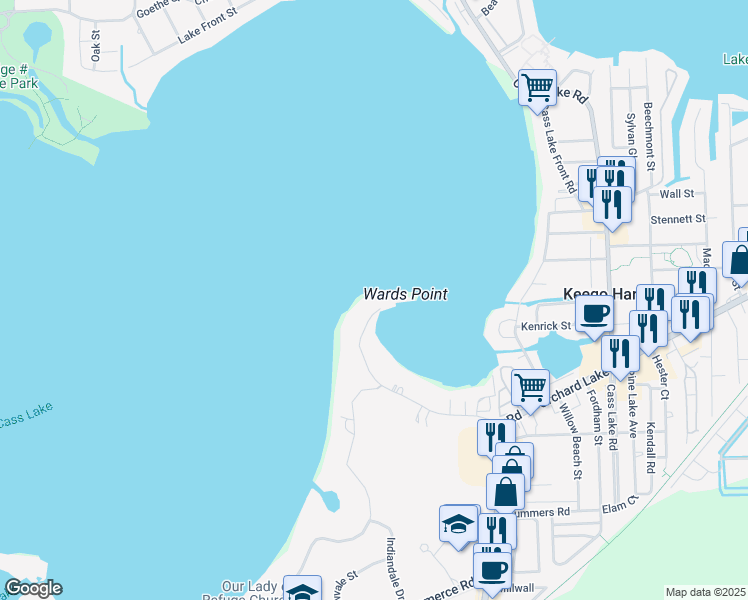 map of restaurants, bars, coffee shops, grocery stores, and more near 3680 Wards Point Drive in West Bloomfield Township