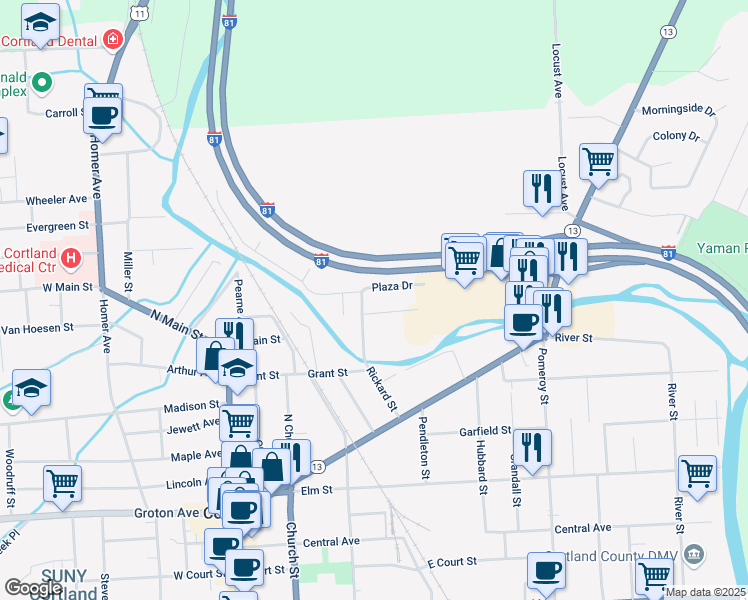 map of restaurants, bars, coffee shops, grocery stores, and more near 4 Riverview Avenue in Cortland
