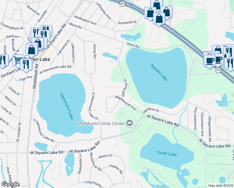 map of restaurants, bars, coffee shops, grocery stores, and more near 1966 Dell Rose Drive in Bloomfield Hills