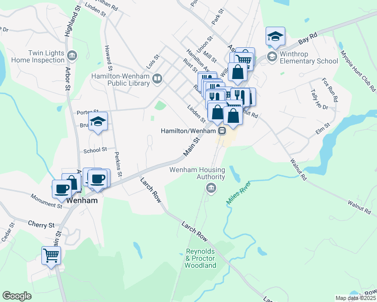 map of restaurants, bars, coffee shops, grocery stores, and more near 207 Main Street in Wenham