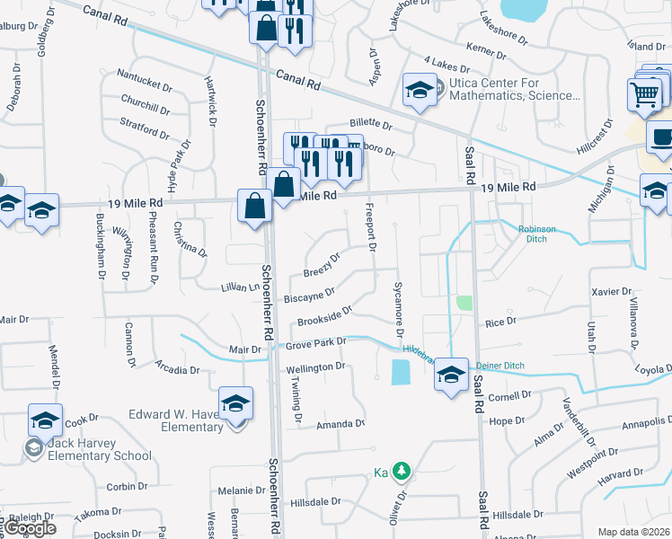 map of restaurants, bars, coffee shops, grocery stores, and more near 13867 Biscayne Drive in Sterling Heights