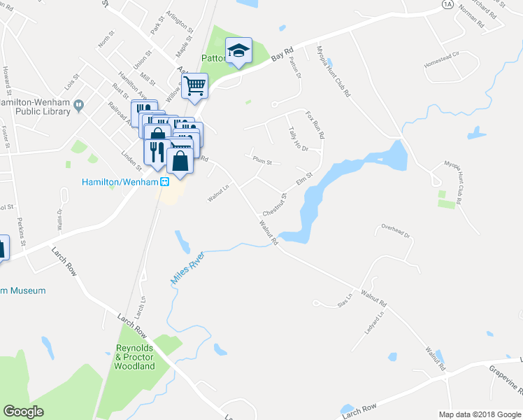 map of restaurants, bars, coffee shops, grocery stores, and more near 3 Walnut Road in Wenham