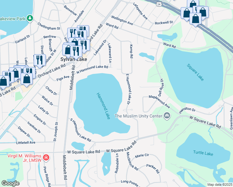 map of restaurants, bars, coffee shops, grocery stores, and more near 2270 East Hammond Lake Drive in Bloomfield Hills