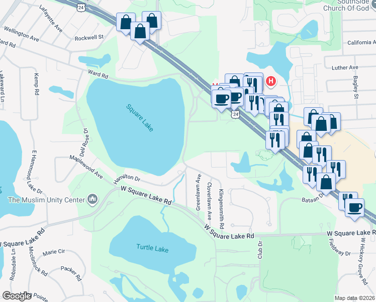 map of restaurants, bars, coffee shops, grocery stores, and more near 2173 Klingensmith Road in Bloomfield Township
