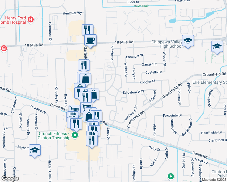 map of restaurants, bars, coffee shops, grocery stores, and more near 42326 Edloytom Way in Clinton Township