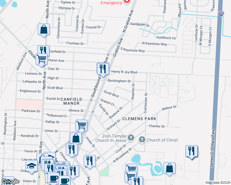 map of restaurants, bars, coffee shops, grocery stores, and more near 23494 Scott Boulevard in Clinton Township