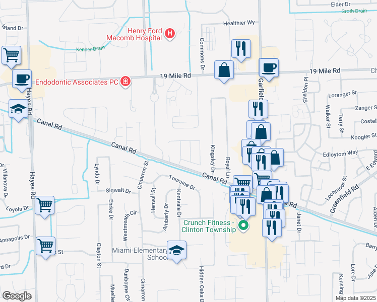 map of restaurants, bars, coffee shops, grocery stores, and more near 42395 Crestwood in Clinton Township