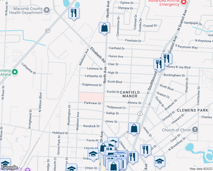 map of restaurants, bars, coffee shops, grocery stores, and more near 236 North Avenue in Mount Clemens