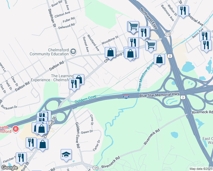 map of restaurants, bars, coffee shops, grocery stores, and more near 12 Morgan Drive in Chelmsford
