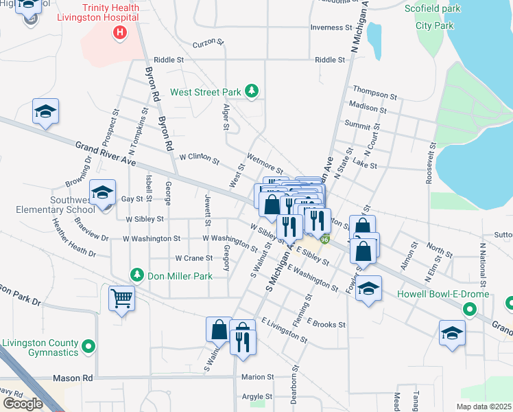 map of restaurants, bars, coffee shops, grocery stores, and more near 323 West Grand River Road in Howell