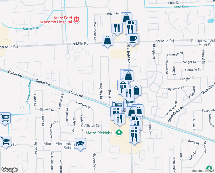 map of restaurants, bars, coffee shops, grocery stores, and more near 42249 Royal Lane in Clinton Township