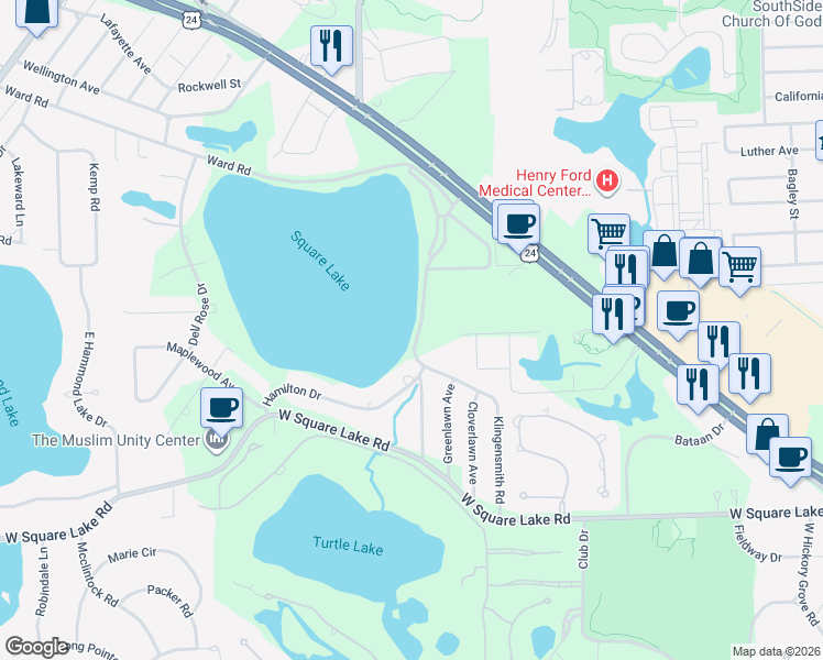 map of restaurants, bars, coffee shops, grocery stores, and more near 1642 Hamilton Drive in Bloomfield Township