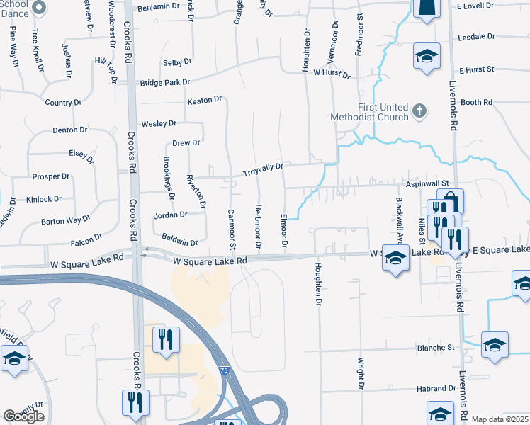 map of restaurants, bars, coffee shops, grocery stores, and more near 6084 Herbmoor Drive in Troy