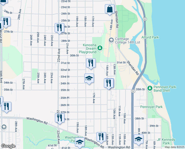 map of restaurants, bars, coffee shops, grocery stores, and more near 1702 33rd Street in Kenosha