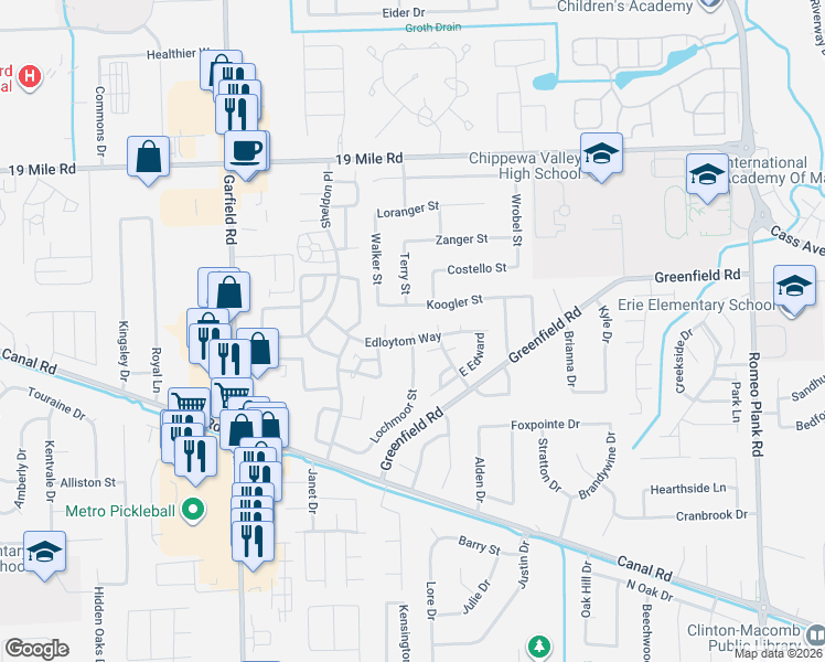 map of restaurants, bars, coffee shops, grocery stores, and more near 42300 Lochmoor Street in Clinton Township