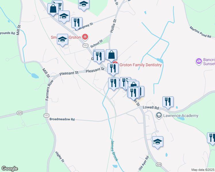 map of restaurants, bars, coffee shops, grocery stores, and more near 40 Station Avenue in Groton