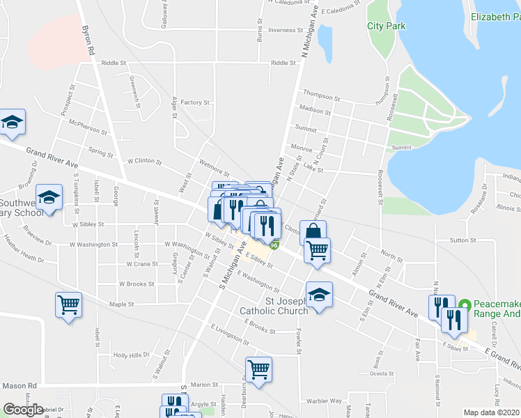 map of restaurants, bars, coffee shops, grocery stores, and more near 162 North Michigan Avenue in Howell
