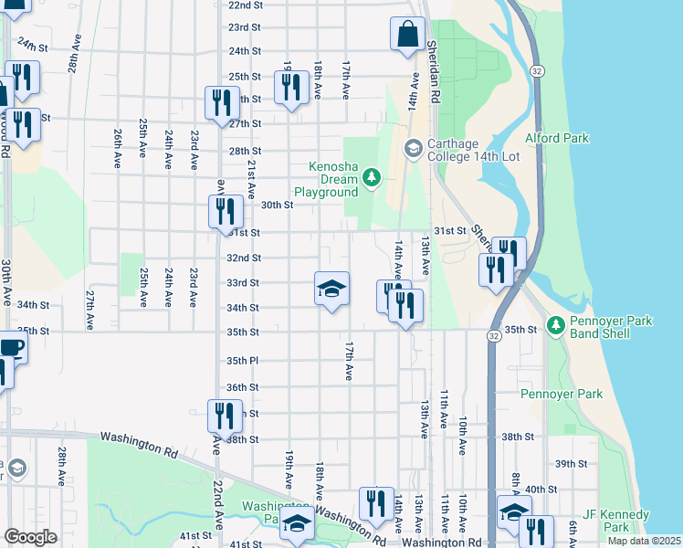 map of restaurants, bars, coffee shops, grocery stores, and more near 1702 33rd Street in Kenosha