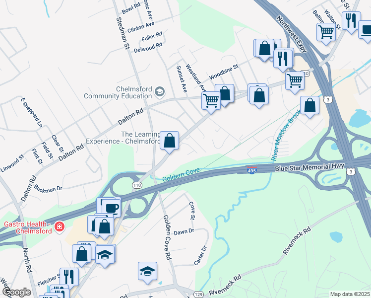 map of restaurants, bars, coffee shops, grocery stores, and more near 199 Chelmsford Street in Chelmsford