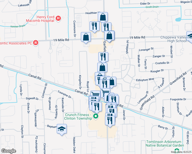 map of restaurants, bars, coffee shops, grocery stores, and more near 42383 Garfield Road in Clinton Township