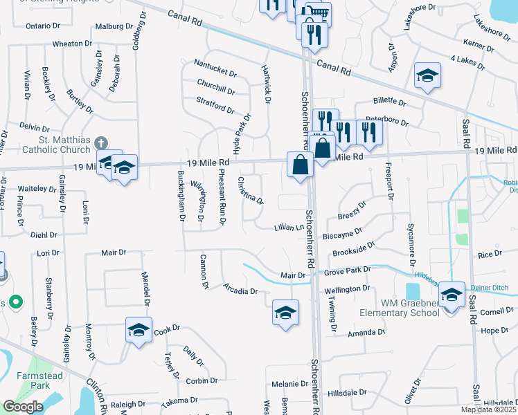 map of restaurants, bars, coffee shops, grocery stores, and more near 42674 Christina Drive in Sterling Heights