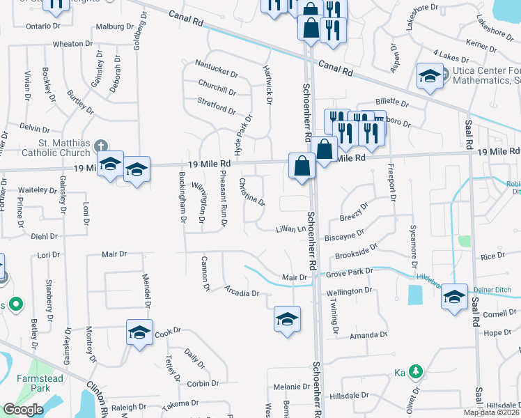 map of restaurants, bars, coffee shops, grocery stores, and more near 42674 Christina Drive in Sterling Heights