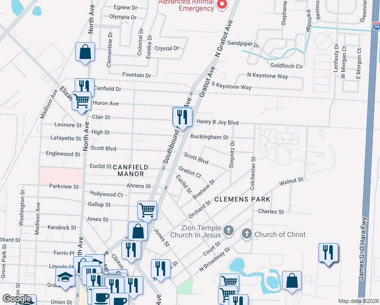 map of restaurants, bars, coffee shops, grocery stores, and more near 23460 Buckingham Street in Clinton Township