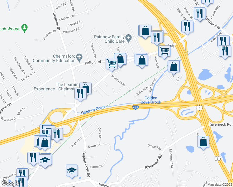 map of restaurants, bars, coffee shops, grocery stores, and more near 12 Morgan Drive in Chelmsford