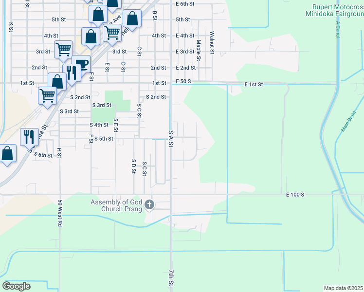 map of restaurants, bars, coffee shops, grocery stores, and more near 423 South Linden Street in Rupert