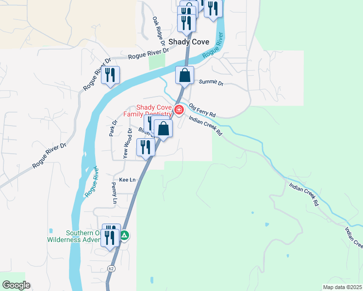 map of restaurants, bars, coffee shops, grocery stores, and more near 300 Indian Trail Court in Shady Cove