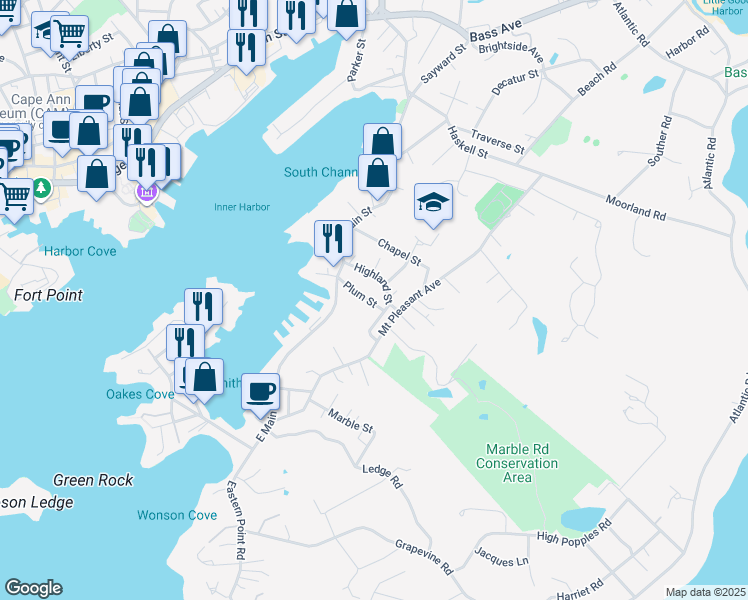 map of restaurants, bars, coffee shops, grocery stores, and more near 9 Highland Street in Gloucester