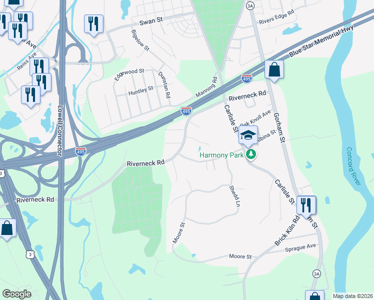 map of restaurants, bars, coffee shops, grocery stores, and more near 69 Riverneck Road in Chelmsford