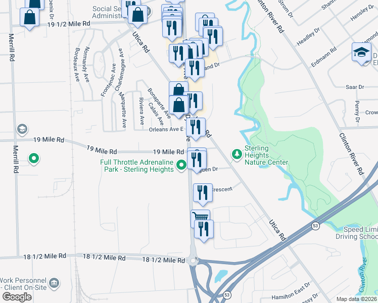 map of restaurants, bars, coffee shops, grocery stores, and more near 19 Mile Rd & Van Dyke in Sterling Heights