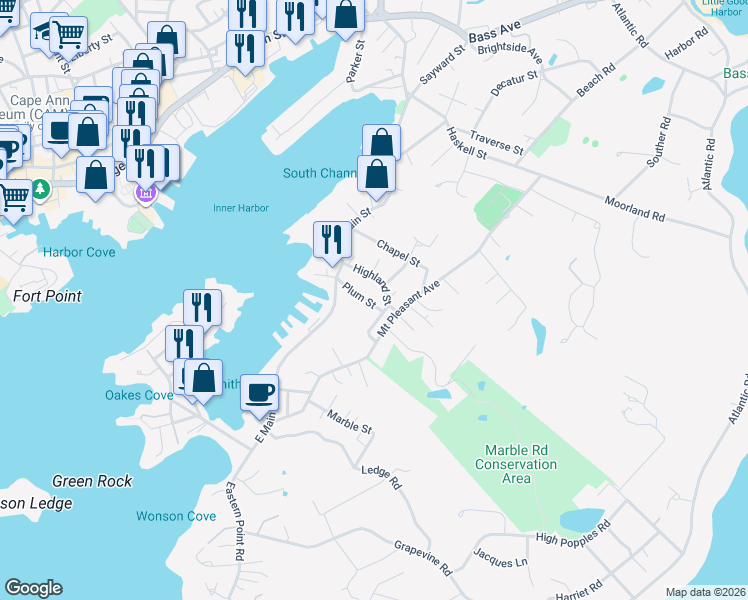 map of restaurants, bars, coffee shops, grocery stores, and more near 9 Highland Street in Gloucester