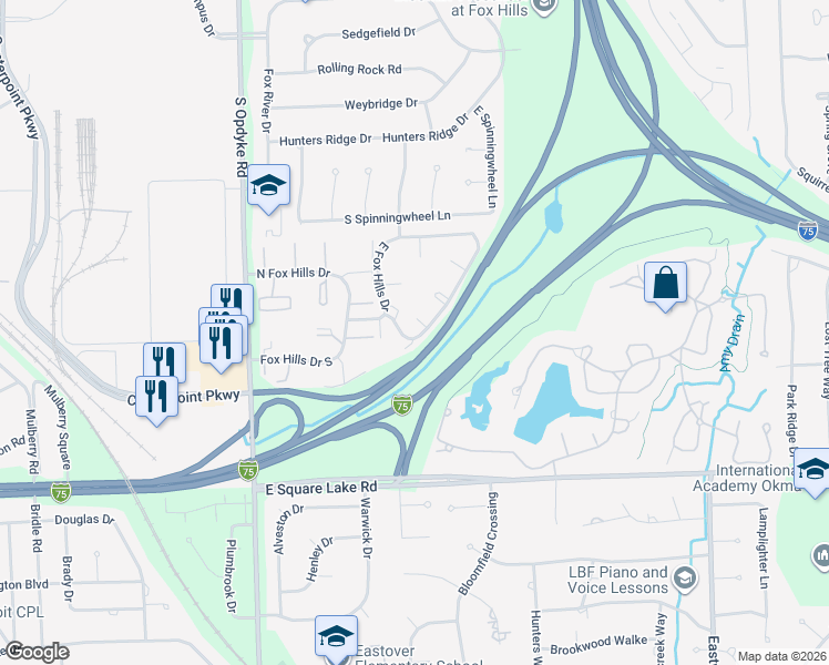 map of restaurants, bars, coffee shops, grocery stores, and more near 667 East Fox Hills Drive in Bloomfield Hills