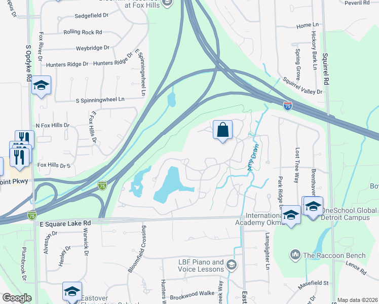 map of restaurants, bars, coffee shops, grocery stores, and more near 664 Upper Scotsborough Way in Bloomfield Hills